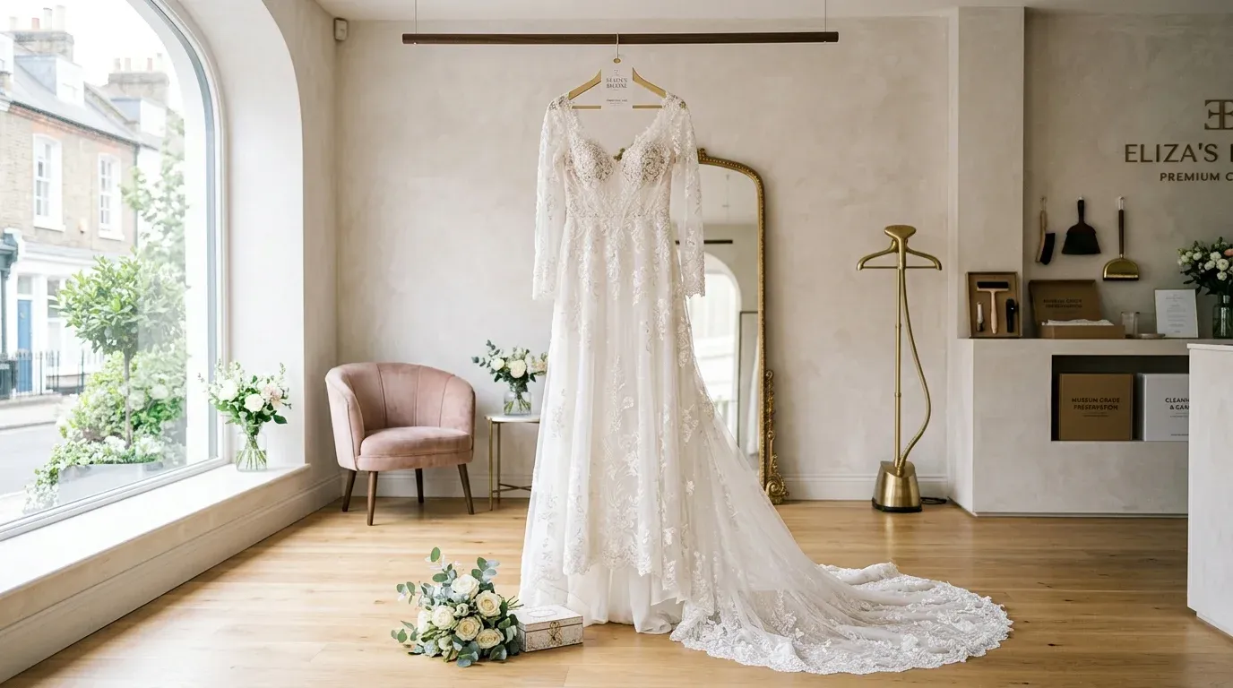 Master tailor inspecting a perfect white gown in a Manama studio